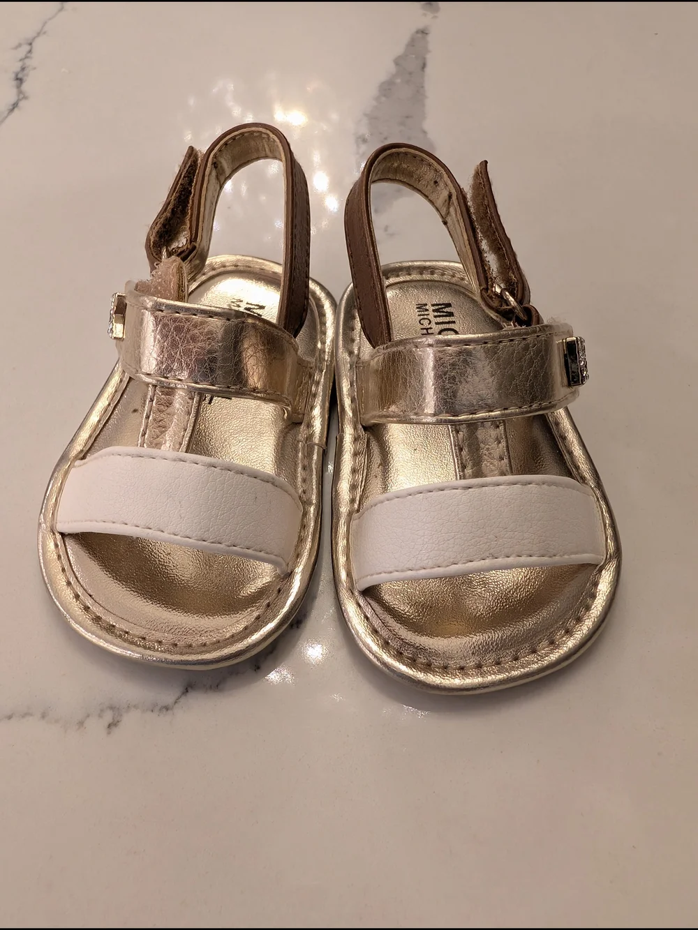 Michael Kors Metallic Gold & White Sandals with Brown Strap Baby Size 2 - Picture 2 of 11